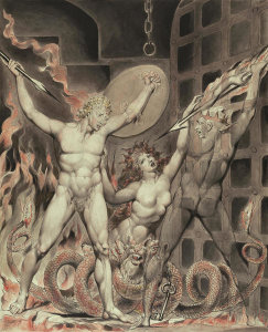William Blake - Illustration 2 to Milton's "Paradise Lost": Satan, Sin, and Death: Satan Comes to the Gates of Hell, 1807