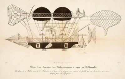 J. Etienne-Gayet - Dessin d'une invention d'un ballon aéréostatique à vapeur par B. Chauvelot, 1856
